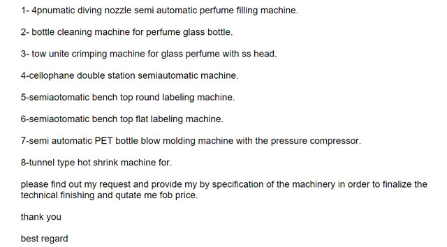 first enquiry email for semi automatic perfume filling line 