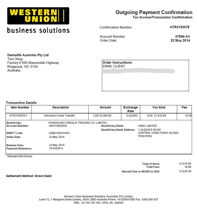 payment by western union for the  YX-W1000 water purificatio