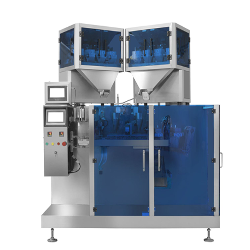 Automatic premade pouches filling and sealing machine for granules with dual head scales weighing system